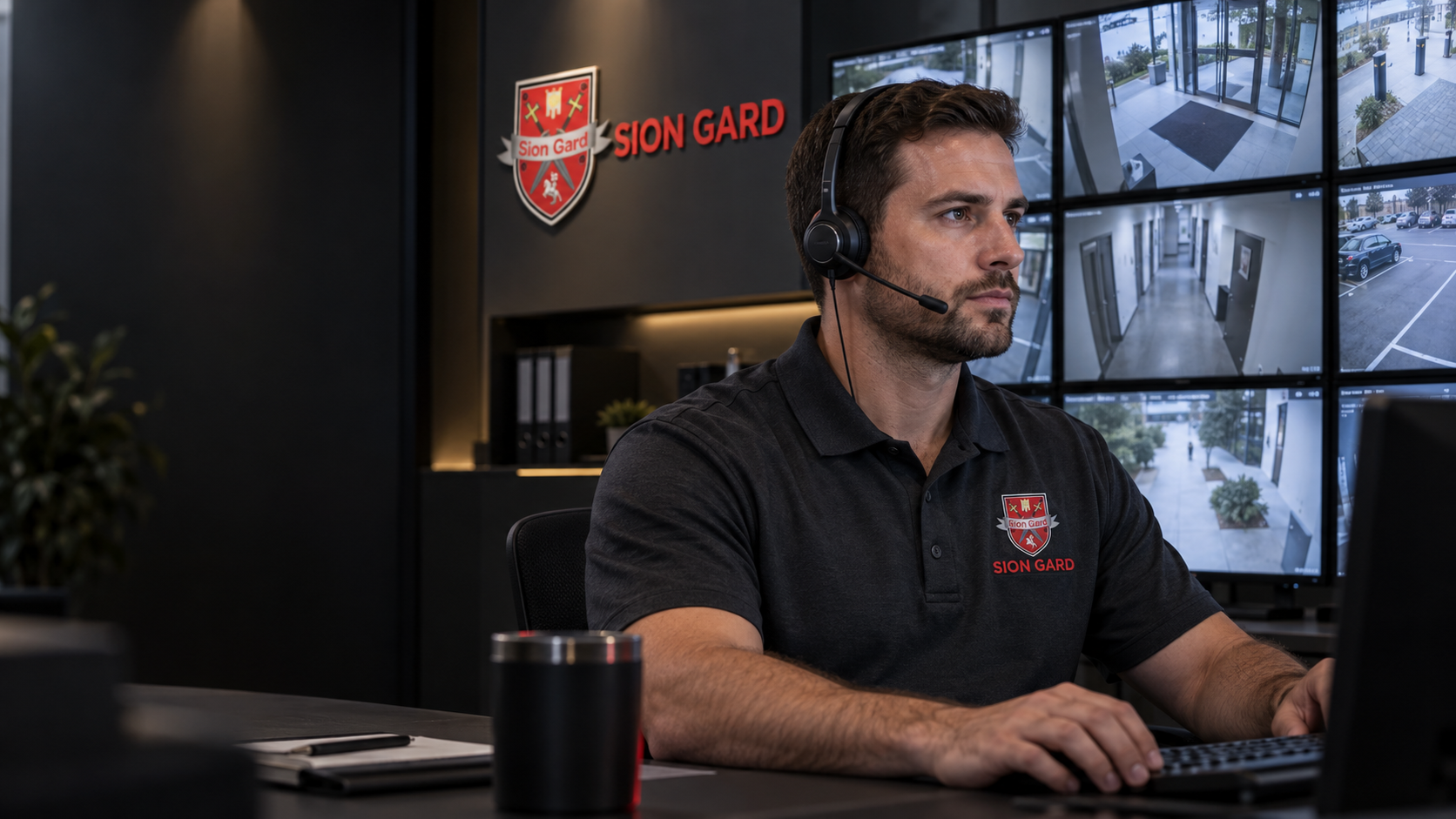 SION Gard — AI ilustracija operatera u monitoring centru sa logotipom na uniformi