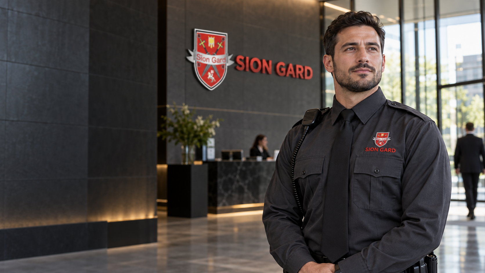 SION Gard — AI ilustracija službenika obezbeđenja u poslovnom prostoru sa logotipom na uniformi